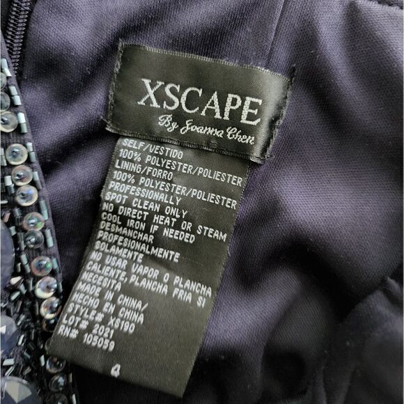 XSCAPE ruched cocktail navy blue embellish neck midi dress - Picture 6 of 9